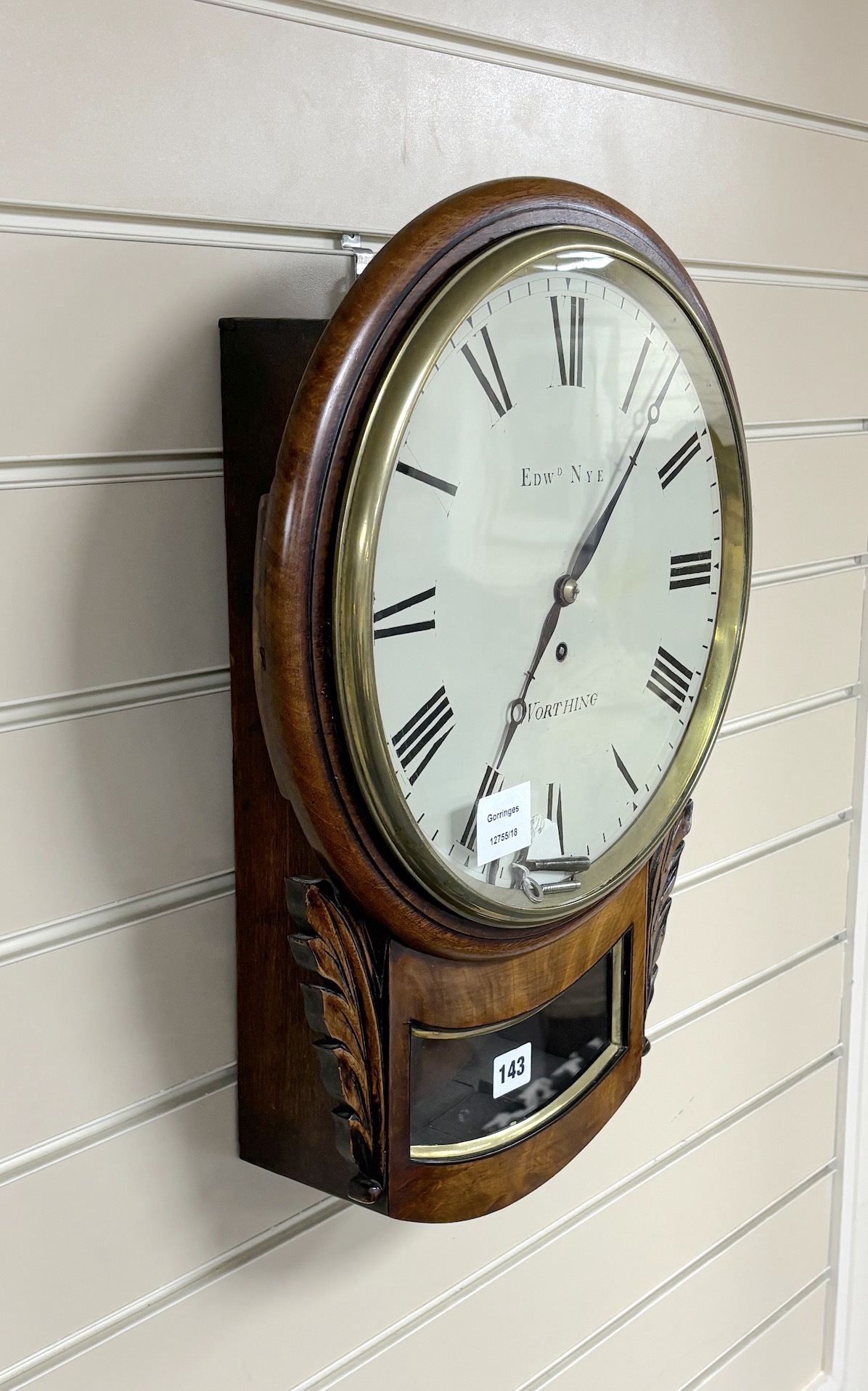 A Victorian mahogany fusee drop dial wall timepiece, marked Edward Nye, Worthing, width 36cm, height 50cm